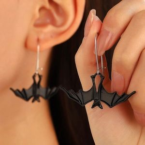 Gothic black bat drop earrings with detailed carving for women’s vintage rock style