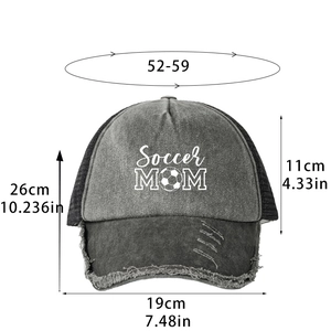 Distressed Soccer MOM baseball trucker cap with gray washed fabric and black breathable mesh