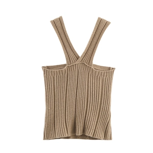 Close-up of brown knit tank top featuring a textured ribbed pattern and wide straps