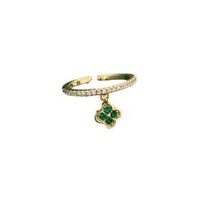 Gold open ring with pavé clear stones and a green emerald zircon clover pendant