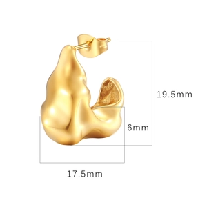 Golden irregular molten lava stud earrings with dimensions 19.5mm by 17.5mm