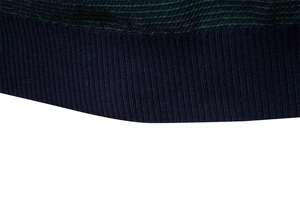 Détail macro du tricot bleu marine et vert foncé avec bord-côte sur un pull pour homme