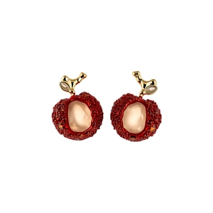 Elegant zircon resin apple stud earrings with red textured finish and faceted stones