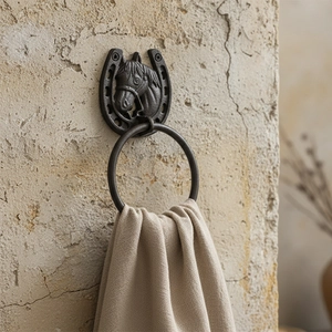 Vintage cast iron horseshoe towel holder with horse head relief and rustic metal finish