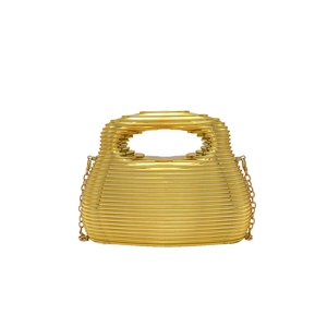 Golden acrylic evening clutch with hollow stripe design and elegant metal chain strap
