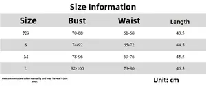 Size guide for women's U-neck crop top showing bust, waist, and length measurements