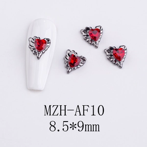 Gothic red heart nail charm with silver wings, MZH-AF10 alloy accessory 8.5x9mm