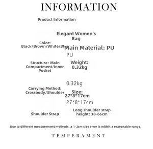 Detailed size chart for the women's PU leather crossbody bag with dimensions and weight