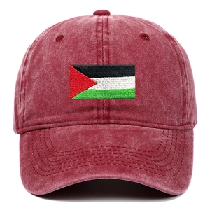 Close-up of embroidered Palestine flag on a vintage washed cotton baseball cap