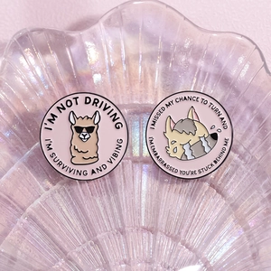 Funny animal enamel pins set with humorous English quotes on pink round metal badges