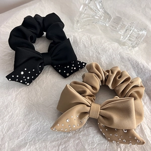 Classic black and khaki fabric scrunchies with rhinestone bows set for women