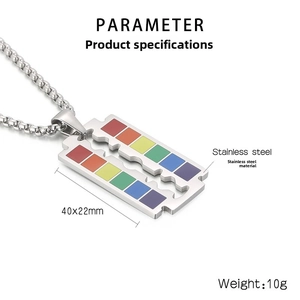 Rainbow stainless steel razor blade pendant with bead chain and colorful LGBTQ+ detail