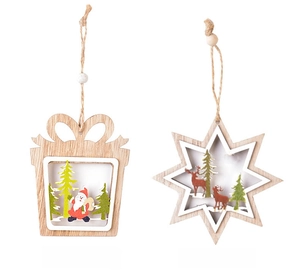 Detail view of laser-cut wooden Christmas pendants with Santa and Reindeer designs