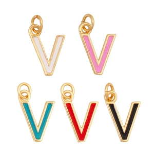 Detail of colorful V-shaped enamel pendants with gold metal frames and open rings