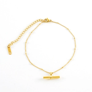 18K gold plated titanium steel anklet featuring a minimalist T-bar bar pendant on a bead chain