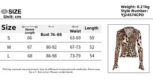 Detailed size chart for long sleeve leopard print top with S, M, L measurements