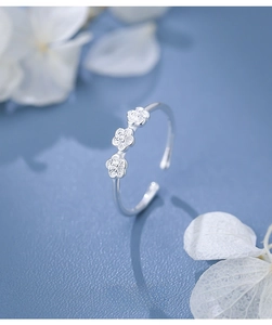 Close-up of S925 sterling silver ring featuring three delicate flowers with zircon centers