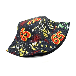 Reversible bucket hat with graffiti print and number 65 for outdoor sun protection