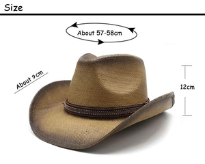 Detail view of woven straw cowboy hat showing dimensions: 57-58cm brim and 9cm width