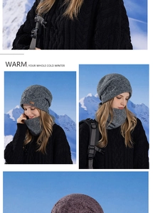 Detail of warm cable knit winter hat and scarf set with fleece lining and leather label