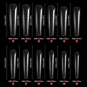 Size chart for 504 extra long C-curve clear coffin ballerina nail tips in 12 sizes