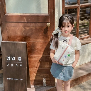 Cute white kid's crossbody bag with blue bear embroidery and adjustable strap