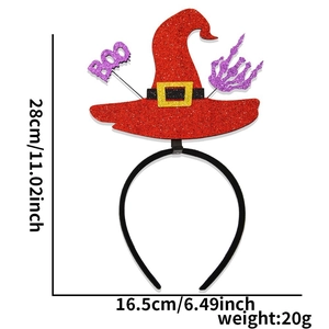 Halloween headband with glitter witch hat, skull hand, and BOO sign dimensions detail