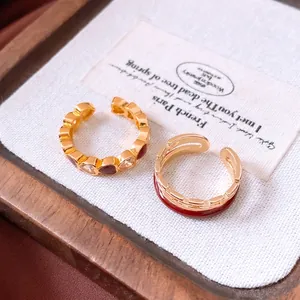 French vintage gold plated double layer chain ring with red enamel heart design