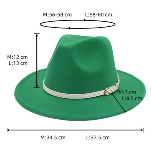 Size chart for green wool fedora hat with white belt accessory and dimensions
