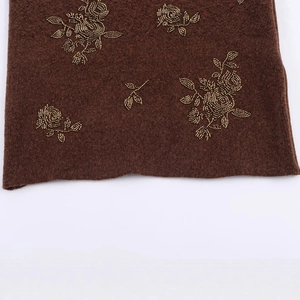 Short sleeve knit top in dark coffee with exquisite golden beaded rose floral patterns