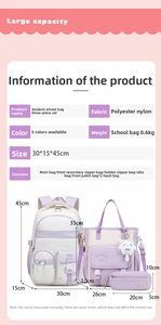 Size chart for 3-piece polyester nylon backpack set showing precise product dimensions