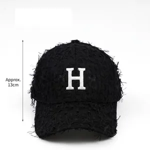 Black frayed baseball cap for women with a deep 13cm profile and breathable cotton fabric