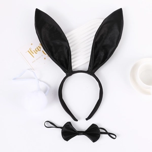 Three-piece black bunny ear headband set with satin bow tie and plush white tail accessory