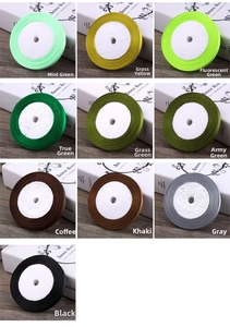Detailed grid view of 6mm satin ribbons in various colors including green and coffee