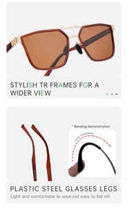 Detail of square frame sunglasses showing flexible TR material and product dimensions