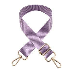 Close-up of adjustable purple and white striped fabric strap with gold metal buckles