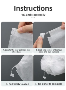 Macro detail showing step-by-step instructions for using the non-woven shoe storage bag