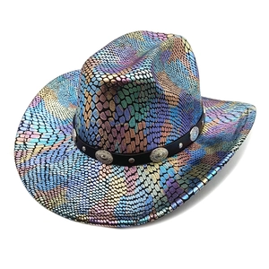 Western Cowboy Hat Holographic Metallic Snakeskin Print Wide Brim Polyester With Faux Leather Band Metal Conchos For Party