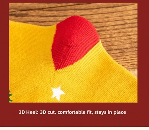 Close-up of a 3D knitted heel on Christmas socks with red and yellow contrast star patterns