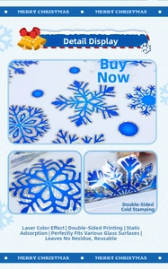 Detail of double-sided silver holographic snowflake window stickers with static cling feature