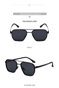Detail of matte black TR polarized sunglasses with double bridge and square frame design