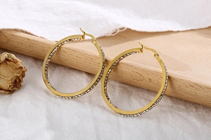 Detailed macro view of 18K gold plated hoop earrings with micro-set sparkling rhinestones