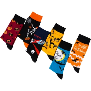 6-pack Halloween themed crew socks with pumpkin, skull, and bat patterns in cotton knit