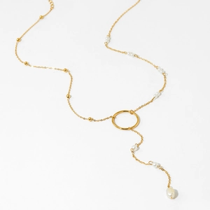 Y-shaped gold stainless steel necklace with round metal beads and elegant pearls