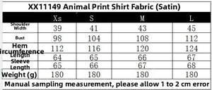 Tableau des tailles détaillé pour chemise satinée à motif animalier, tailles XS à L