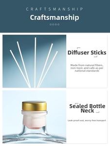 Detailed view of white natural fiber diffuser sticks with a secure gold frosted screw cap