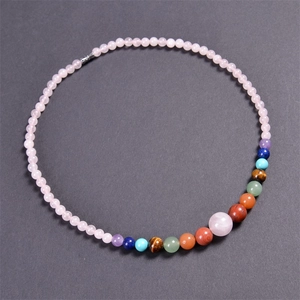 Bohemian pink quartz beaded necklace with seven chakra stones and lobster clasp