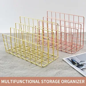 Nordic minimalist iron desktop organizer in gold and rose gold finish for files and books