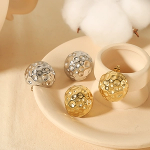 Stainless Steel Sphere Earrings 18K Gold Plated Lava Texture Hammered Hemisphere Studs For Women Chic Niche Design