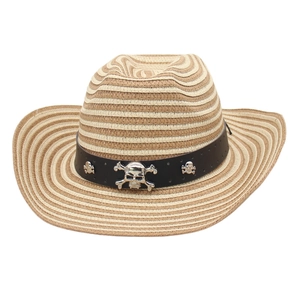 Detail of hand-woven straw cowboy hat featuring silver skull metal charms on black band